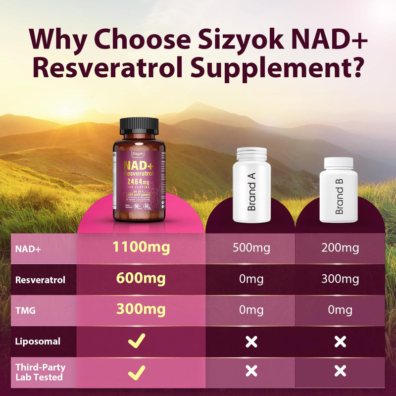 NAD Supplement 1100mg + Resveratrol 600mg – Advanced Liposomal NAD+ Capsules with Pterostilbene & Quercetin 90 Count (Pack of 1)