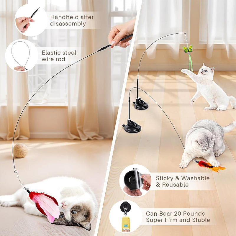 HONGDDY Cat Toys, 14Pcs 4 in 1 Indoor Adult Cat Interactive Toys, Hanging Door Kitten Wand Toys with Suction Cup Removable Feathers Balls Mice Butterfly Streamers 14 Pcs Cat Toys - BeesActive Australia