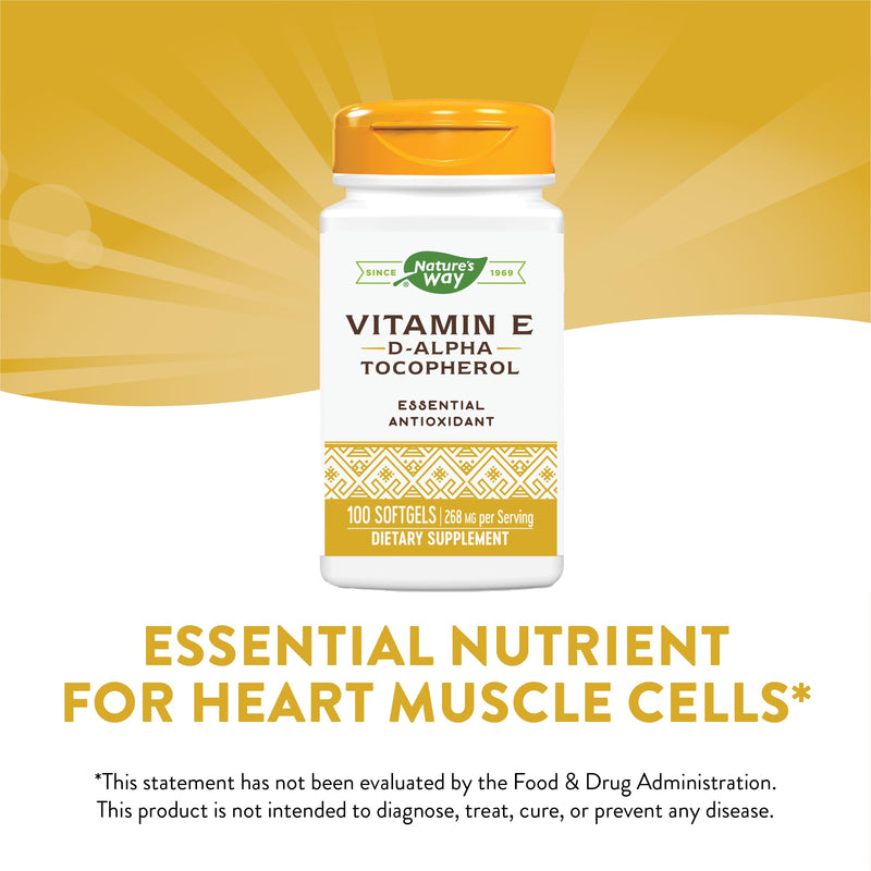 Nature’s Way Vitamin E D-Alpha Tocopherol - 268 mg per serving - Antioxidant – Essential Nutrient for Heart Muscle Cells* - Gluten Free - 100 Softgels 100 Count (Pack of 1) - BeesActive Australia
