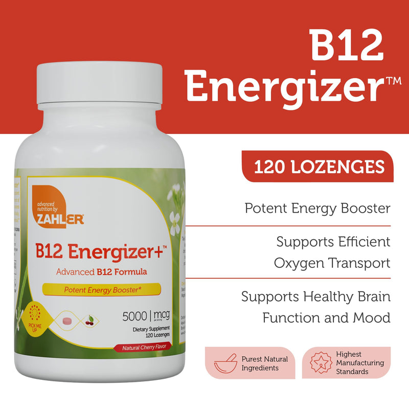 Zahler Energizer+ Vitamin B12-5000 mcg - Natural Cherry Flavor Dissolvable Lozenges - Kosher Gluten Free Non-GMO Vitamins, Energy Boost, Made in USA (120 Count) 120 Count (Pack of 1)