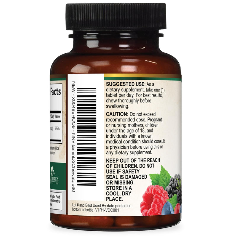 Vitamin D3 5000 IU (125 mcg) Per Serving - Extra Strength Vitamin D Chewable for Immune Support Health - Bone, Teeth and Muscle Supplements - Sugar Free, Gluten Free, USA Bottled - 60 Count Tablets 60 Count (Pack of 1)