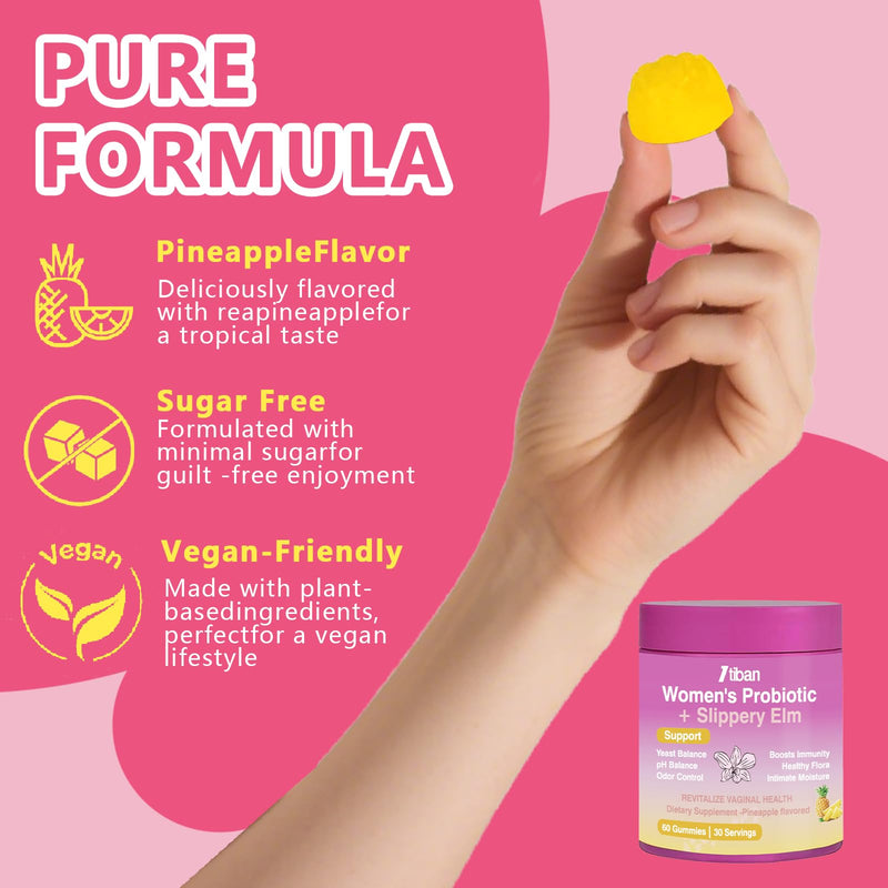 Feminine Vaginal Probiotics Gummies, Supports pH Balance & Digestive Health, Slippery Elm for Women, Suagr-Free, Veagn, Pineapple Flavor, 60 Count Pink-60count