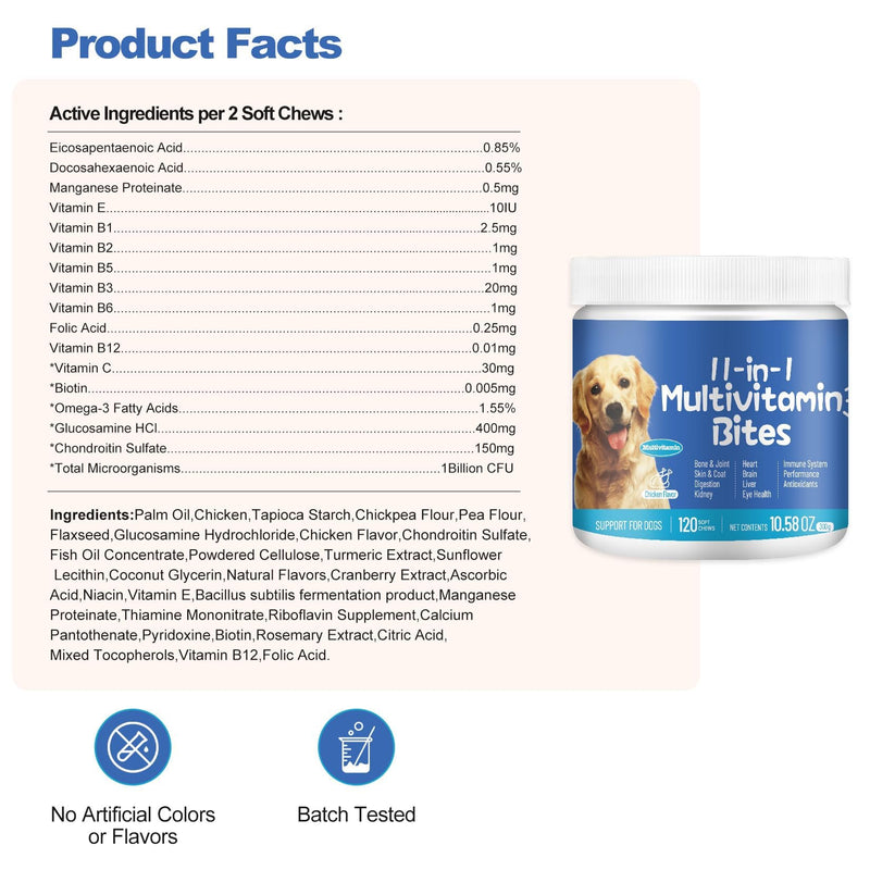 11-in-1 Dog Multivitamin Supplement with Glucosamine - 120 Soft Chews - Hip & Joint, Pet Immune Support, Heart, Skin & Coat, Digestion - Senior & Puppy Multivitamin for Dogs