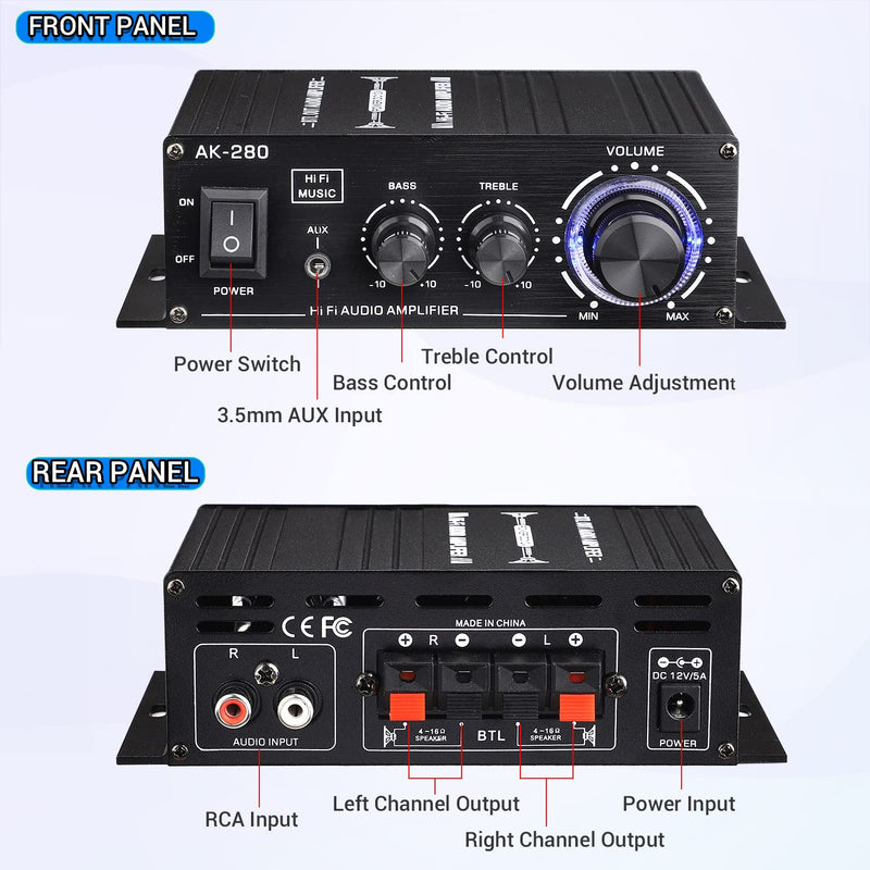 Facmogu AK280 200W Mini 2.0 CH Audio Power Amplifier, Speaker Amp Receiver