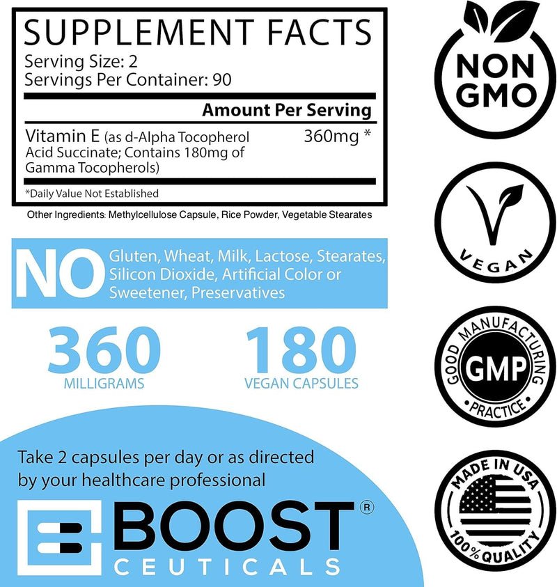 Gamma E Vitamin E Supplement 180mg Mixed Tocopherols - 180 Vegan Capsules | Antioxidant for Heart and Inflammation Support, Non-GMO, Gluten Free, Made in USA, No Fillers, 90 Servings, BoostCeuticals