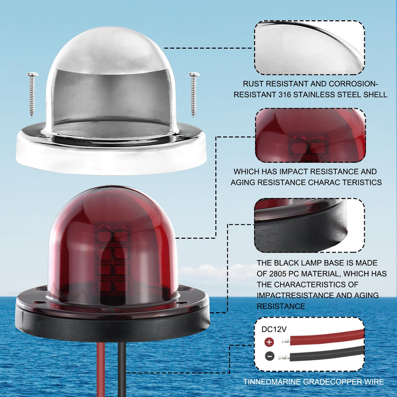 Marine Navigation Lights, LED Boat Lights, 316 Stainless Steel Bow Lights, Red & Green Sidelight for Pontoon Kayak Yacht Sailing Vessels,1NM Visibility,12V (E011090-MF) E011090-MF