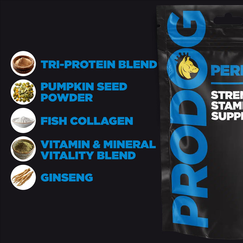 ProDog Perform Food Topper Powder for Working & Sporting Dogs | 58% Tri-Protein + Fish Collagen | Omega 3, 6, 9 & Ginseng for Strength, Stamina & Focus | 60 Servings 300 grams