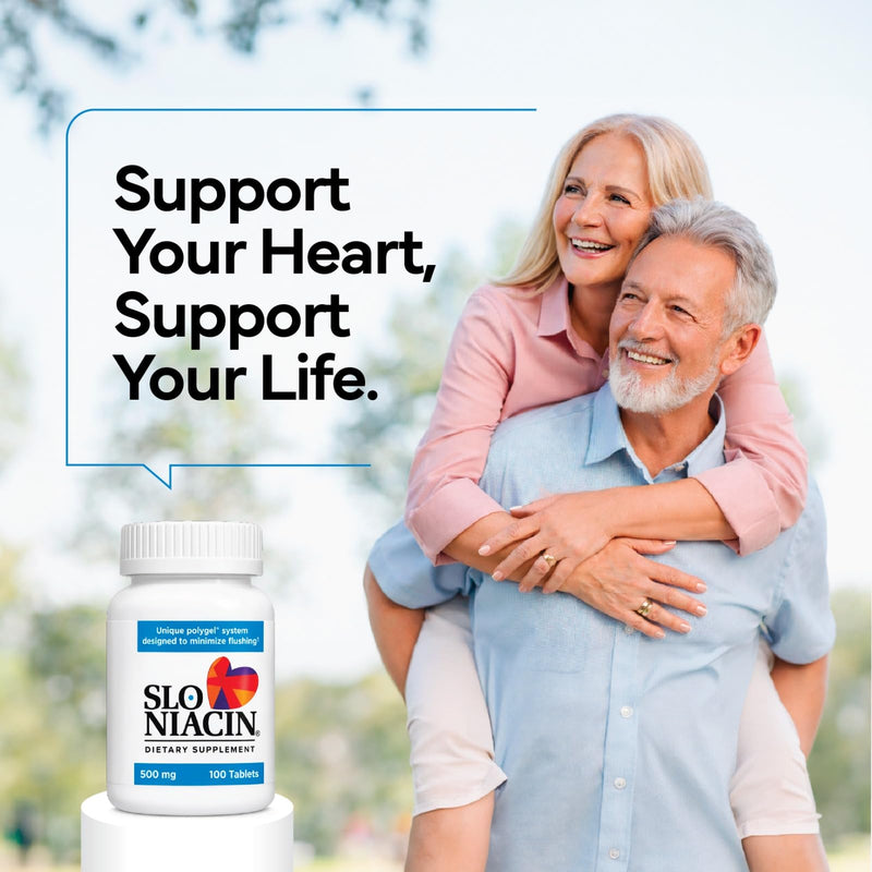 Slo-Niacin Slow Release Niacin 500mg – Vitamin B3 Supplement for Heart Wellness – Flush-Free B3 Vitamins for Cholesterol & Cardiovascular Support – 100 Tablets
