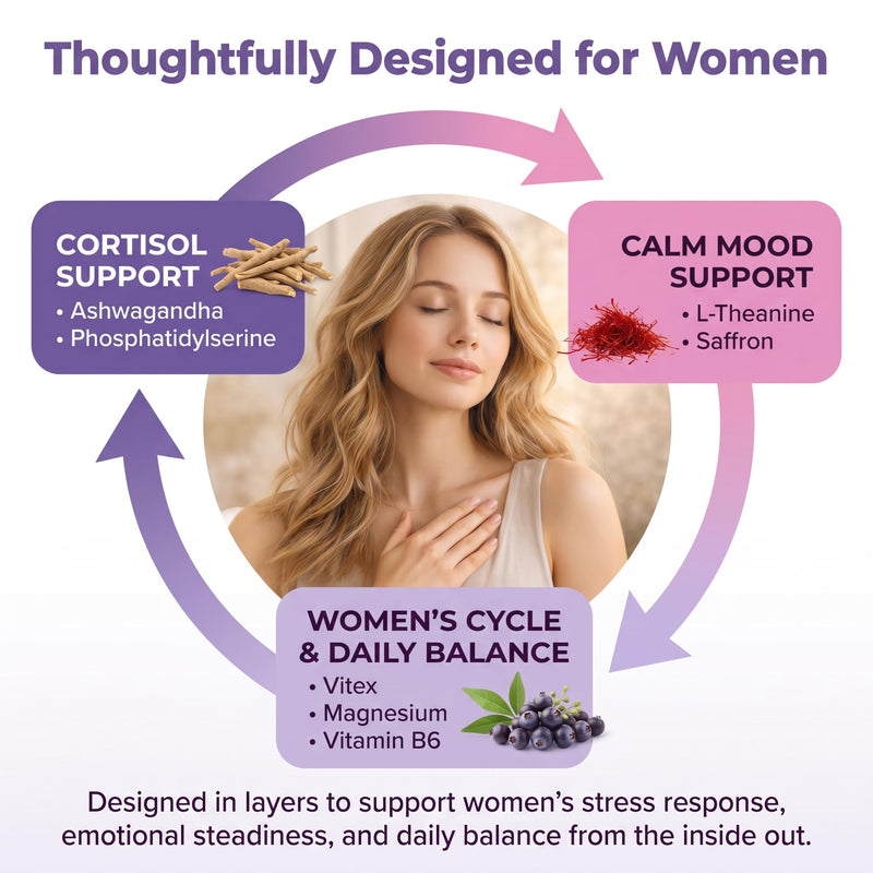 Cortisol Support for Women with Vitex, Ashwagandha & L-Theanine, 90 Caps | Hormone Balance, Calm Mood & Stress Support with Magnesium Glycinate, Saffron & Phosphatidylserine; Vegan, Made in USA