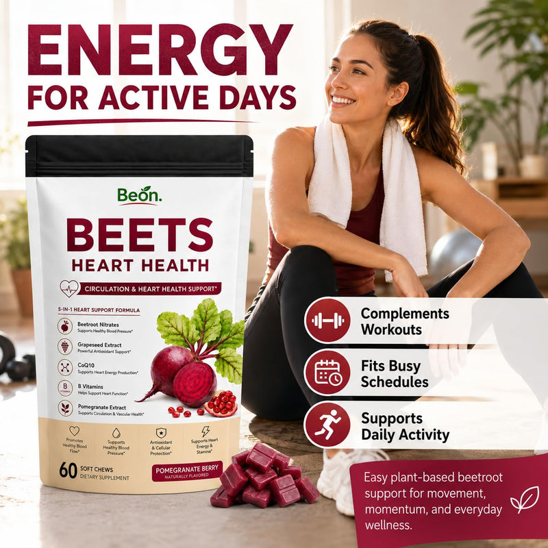 Beon Beet Chews, Beon Beetroot Chews Gummies for High Blood Pressure & Cardiovascular Support, Beet Root Gummies with L-CoQ10 & Grape Seed for Calm Mood, Sugar-Free Vegan, 60 Chew