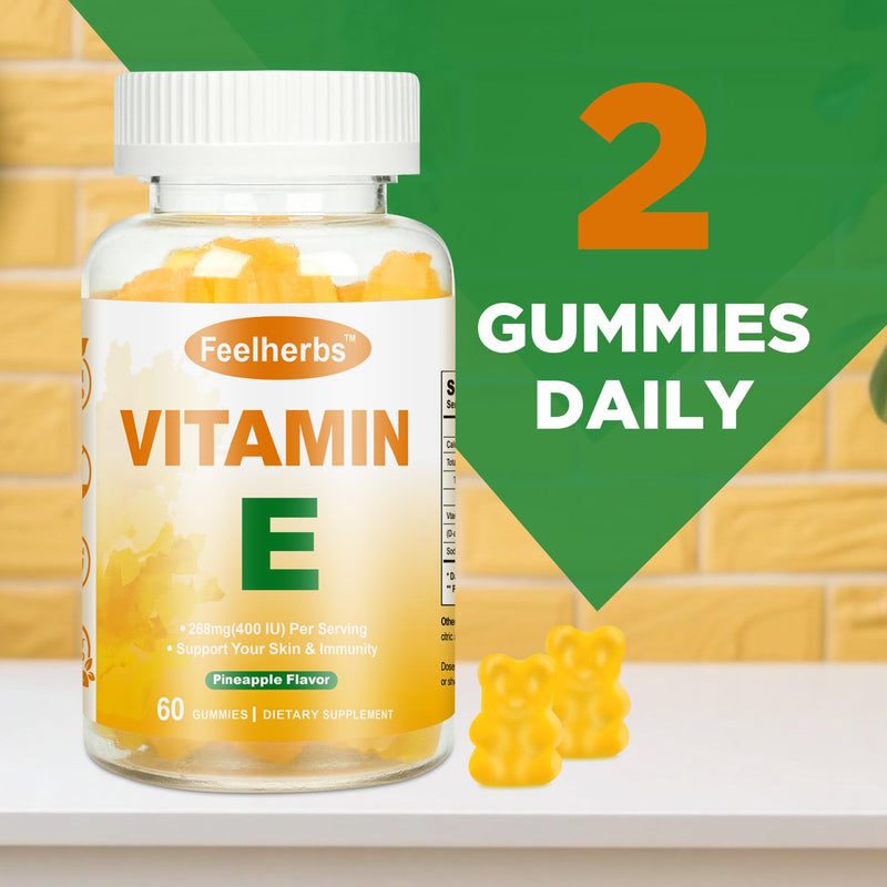 Vitamin E Gummies 268mg(400 IU) for Women Skin & Immune Support, Pineapple Flavored Vitamin E Chewable Vegan Gummies, 60 Count