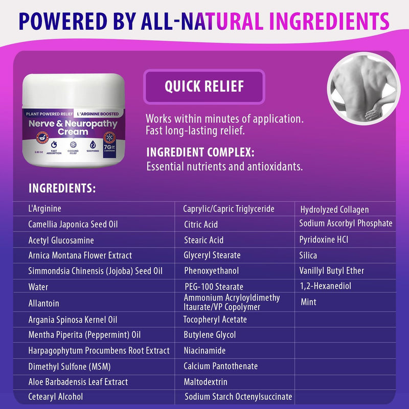 Nerve and Neuropathy Cream – Plant Powered Relief for Foot, Hands, Legs, Toes Includes 7grams of L’Arginine; Vitamin B6, Arnica, Aloe -2.82oz 2.82 Ounce (Pack of 1)
