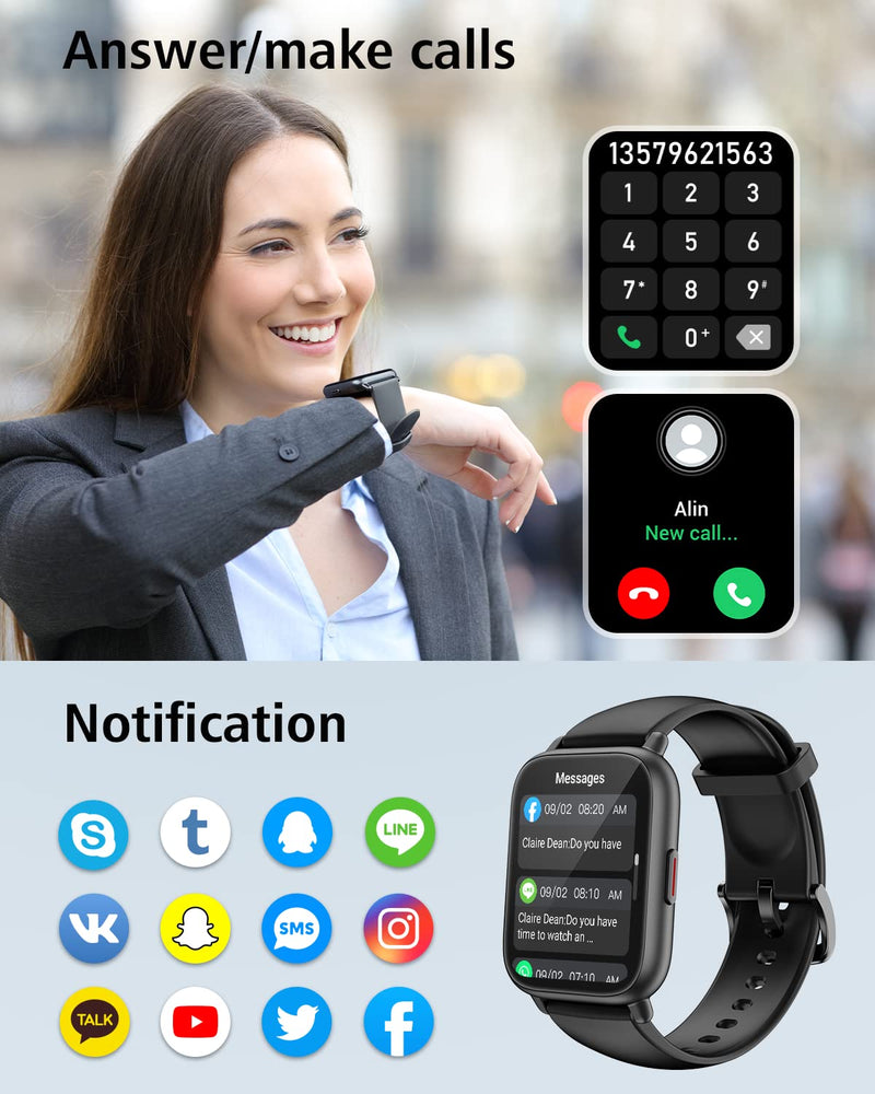 RUIMEN Smart Watches for Men Women (Answer/Make Calls), 1.8" Smartwatch for iOS/Android Phones, Fitness Tracker Watch with Heart Rate/Sleep Monitor Pedometer Waterproof (2 Bands Included), Black - BeesActive Australia