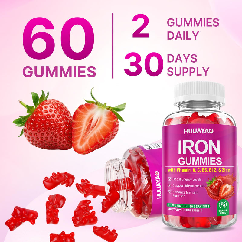 Iron Supplement Gummies for Women & Men, Vegan Iron Gummies with Vitamin C, A, B-Complex, Folate, Zinc for Blood Building & Energy Support, Strawberry Flavor, 120 Count 120 Count (Pack of 1)