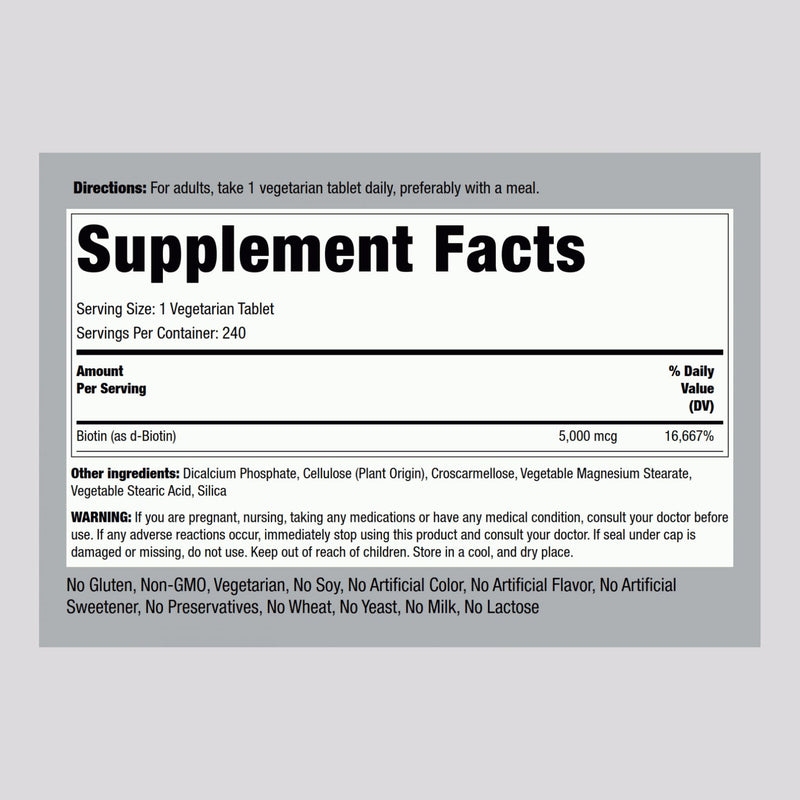 Piping Rock Biotin 5000mcg | 240 Tablets | Vitamin Supplement | Vegetarian, Non-GMO, Gluten Free
