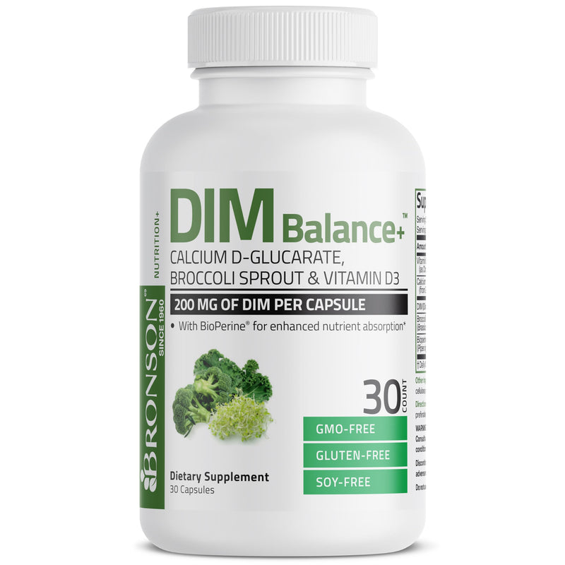 Bronson DIM Balance+ 200 mg & Calcium D-Glucarate, 30 Vegetarian Capsules | Broccoli Sprout, Vitamin D3 & BioPerine, Estrogen Metabolism & Balanced Hormone Support, Non-GMO, Gluten-Free & Soy-Free 30 Count (Pack of 1)