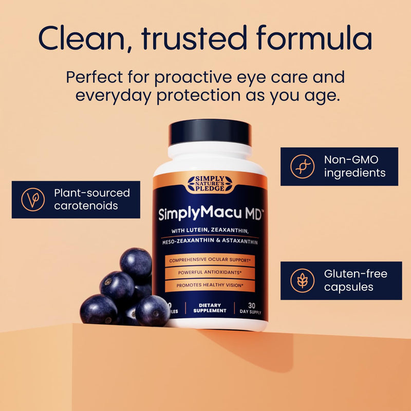 Simply Nature's Pledge Macu MD | Eye Vitamins | 3-Month Supply with Lutein, Zeaxanthin, Meso-Zeaxanthin, Astaxanthin & Bilberry Extract | Advanced Macu Health Vision Support 90 Count (Pack of 1)