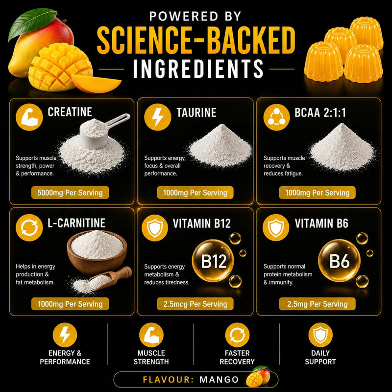 Sugar Free Creatine Monohydrate Gummies 8000mg Per Serving for Men & Women, Mango Flavour, Vegan 5000mg Creatine, BCAA, Taurine, L-Carnitine, Vitamins B12 & B6 Strength, Focus & Endurance, 120 Gummies Mango 8000mg
