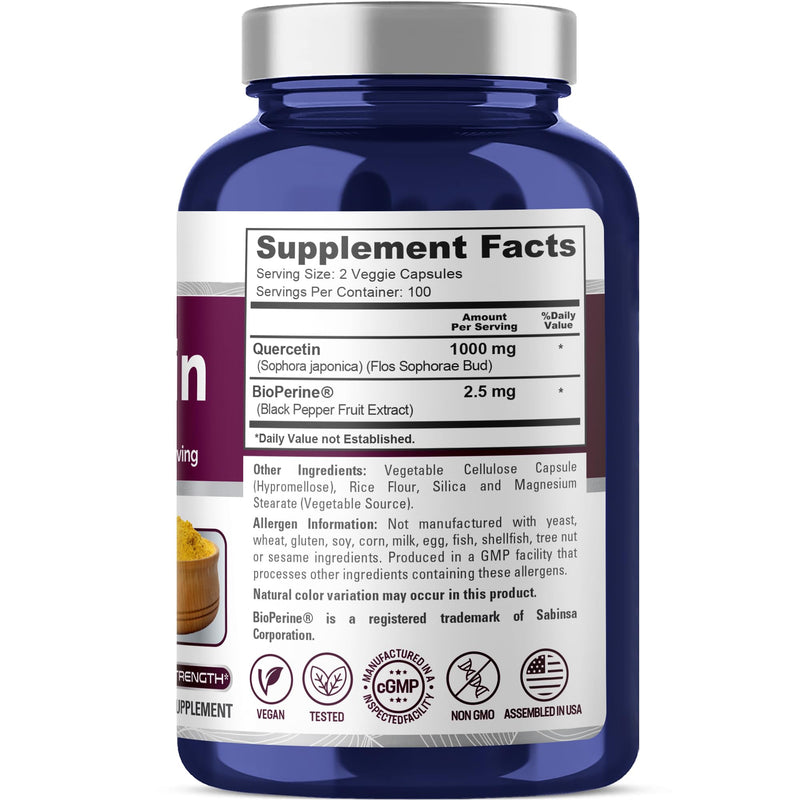 NusaPure Quercetin, Non-GMO, Vegan, 1000mg, 200 Veg Capsules - 100 Servings | Plant Based Formula, Sophora Japonica & BioPerine, Suitable for Adults, Manufactured in cGMP Registered Facility USA