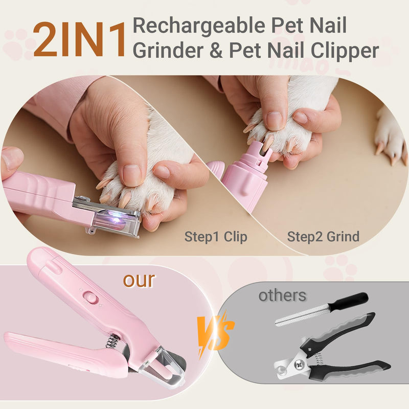 2 in 1 Cat & Dog Nail Clippers Grinder with Lights, Quick Sensor Safety Guard & Ultra-Quiet USB Rechargeable Cat & Dog Nail Trimmers, Dog Nail Grinder with 2 Bells for Women(Pink) - BeesActive Australia