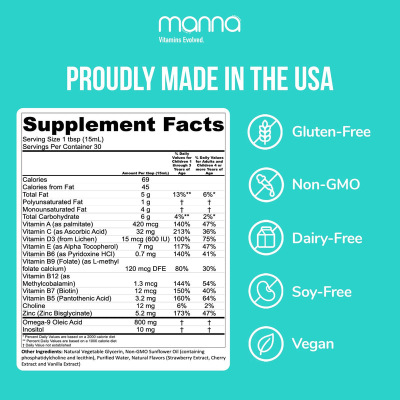 Manna Vitamins Evolved Liposomal Kids Multivitamin - Vitamin D3 & Vitamin A - Vitamin B12 & Vitamin C Supplement - Children's Liquid Multivitamin - Immune Support Supplement for Children