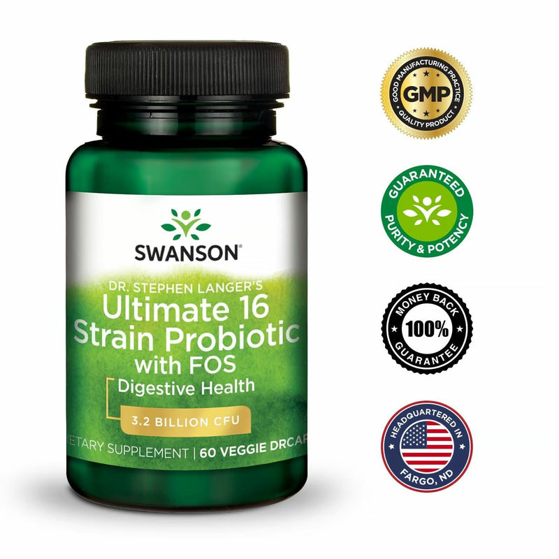 Swanson Dr. Stephen Langer's 16-Strain Probiotic with Prebiotic FOS for Gut-Health-Conscious Adults with 3.2 Billion CFU (60 Vegan Capsules, 4 Pack) 60 Count (Pack of 4)