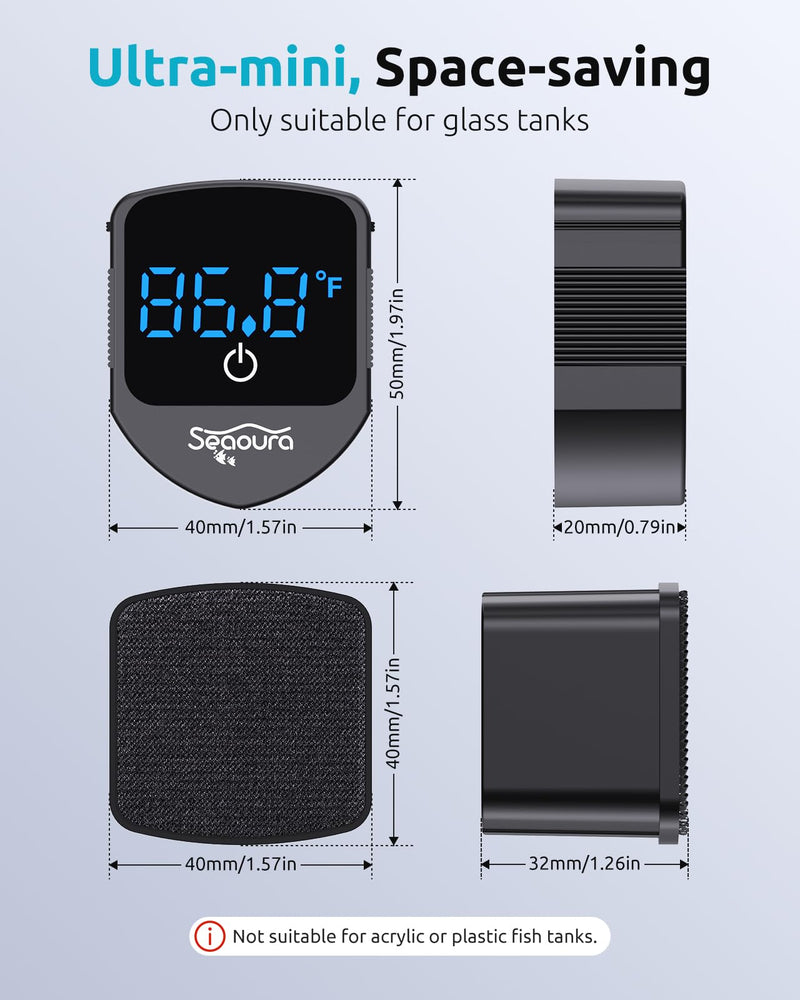 SEAOURA 2-in-1 Aquarium Magnetic Cleaner with Digital Aquariums Thermometer, Fish Mini Magnets Brush only for Glass Tank,Tiny Magnet Floating Cleaning Tool for 1-30 Gallons Black