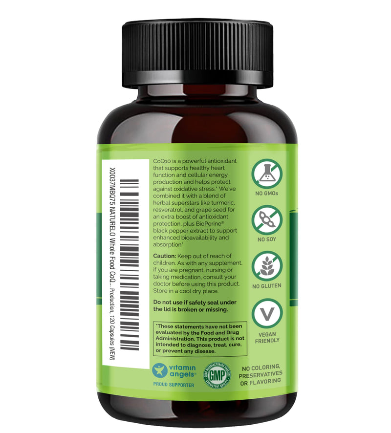 NATURELO Whole Food CoQ10 Supplement, 120 Vegetarian Capsules | Heart Health Blend, Powerful Antioxidant, CoQ10 100mg Supports Energy Production Unflavored 120 Count (Pack of 1)
