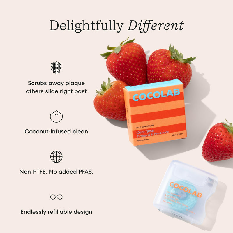 Cocofloss Expanding Woven Dental Floss by Cocolab, Waxed Tooth Floss for Daily Oral Care, Coconut Oil Infused, Vegan, for Adults and Kids, Strawberry Scent, 4 Pack 99 Foot (Pack of 4) - BeesActive Australia