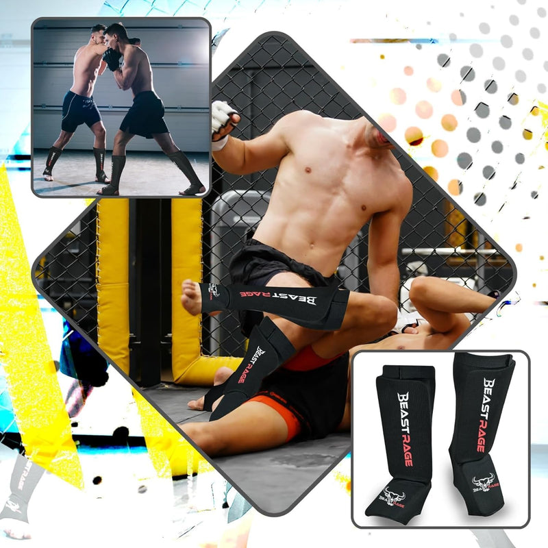 BEAST RAGE Shin Guards for Muay Thai, Kickboxing, MMA Leg Guards Martial Arts Taekwondo, Boxing, Elasticated Sock Padded Leg Instep Pads, Shin Pads,Sparring Training, Karate BJJ BLACK Medium