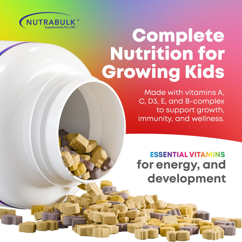 NutraBulk Children’s Chewable Multi-Vitamins - Promoting Kids' Overall Development - USA-Made, May Help to Support Immune, Bone, Brain & Overall Well Being- Vegan & Gluten Free - 120 Cherry Tablets | Fun Animal Shapes & Fruity Flavors, No Artificial Dy...