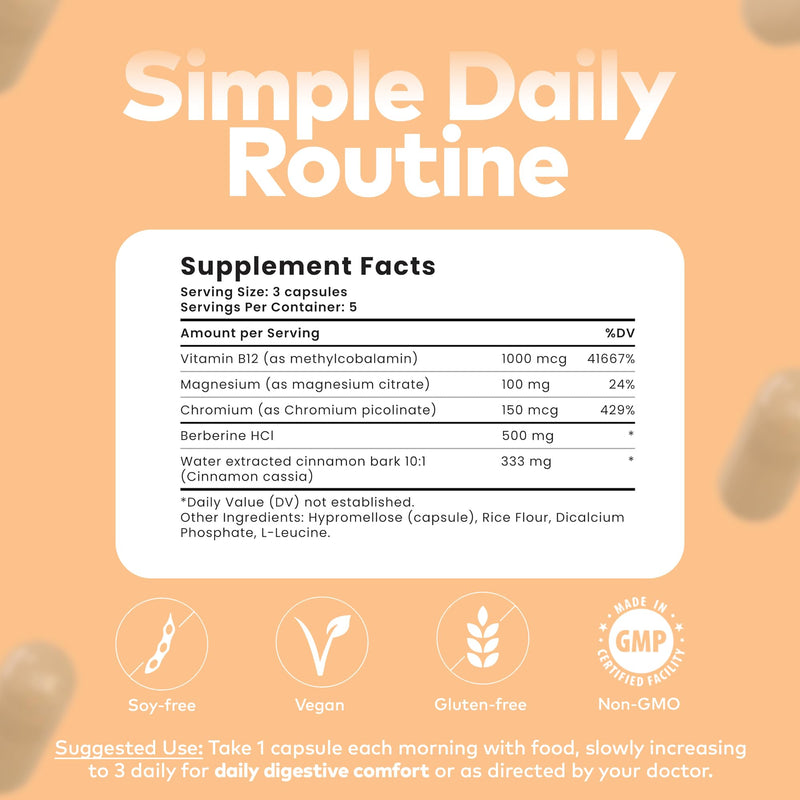 Diaberine Berberine HCL Supplement - Berberine 500mg with Vitamin B12, Magnesium & Chromium - Supports Metabolism, Heart Health, Energy & Immune Functions - 15 Capsules (Trial Pack) 5-Day Trial Pack Digestion & Metabolism