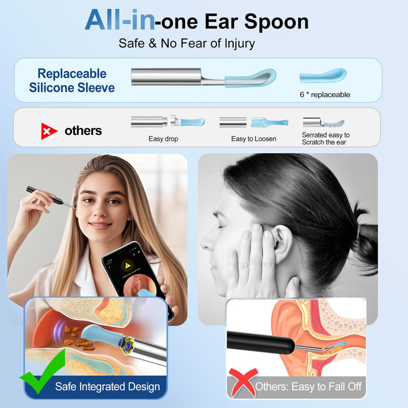 AI Eardrum Alert, AI Ear Wax Removal Kit, 1080P HD Camera with 6-Axis Gyroscope, Waterproof Lens, 230mAh Battery, Earwax Removal Tool with 8 Pcs Ear Set, Otoscope Camera for iOS & Android (Black) - BeesActive Australia