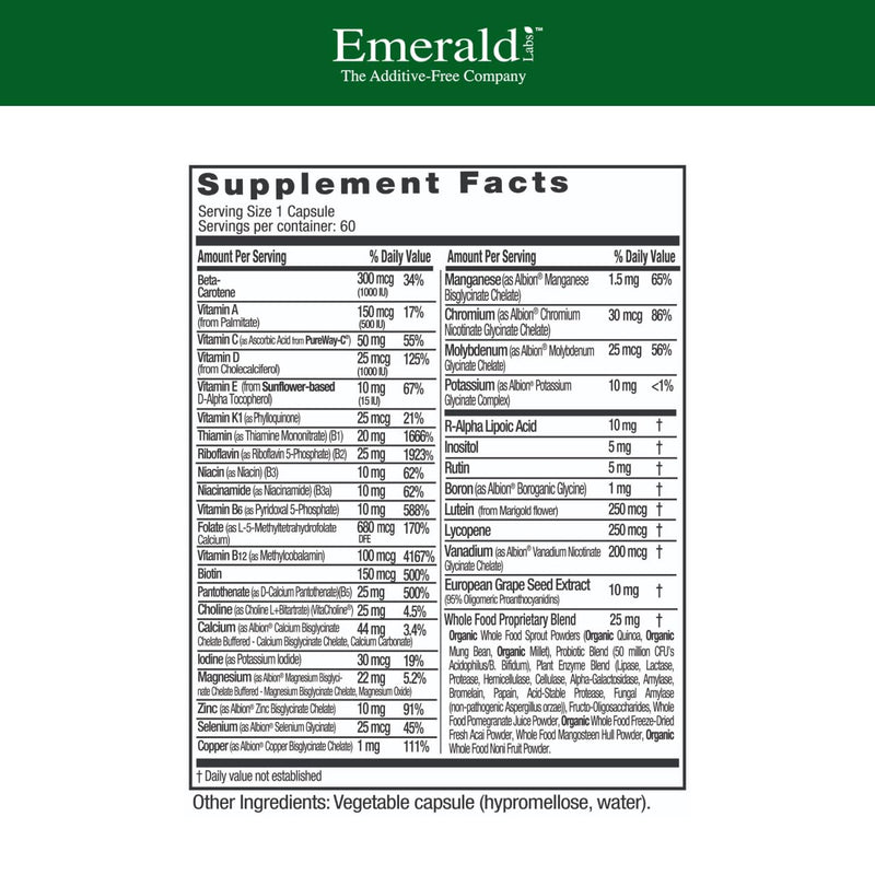 EMERALD LABS Women's 1-Daily Multi, 60 Capsules | For Heart, Bone & Brain Health, Iron-Free Multivitamin with Whole Food Probiotic Blend, Vegetarian, Non-GMO & Gluten-Free 60 Count (Pack of 1)