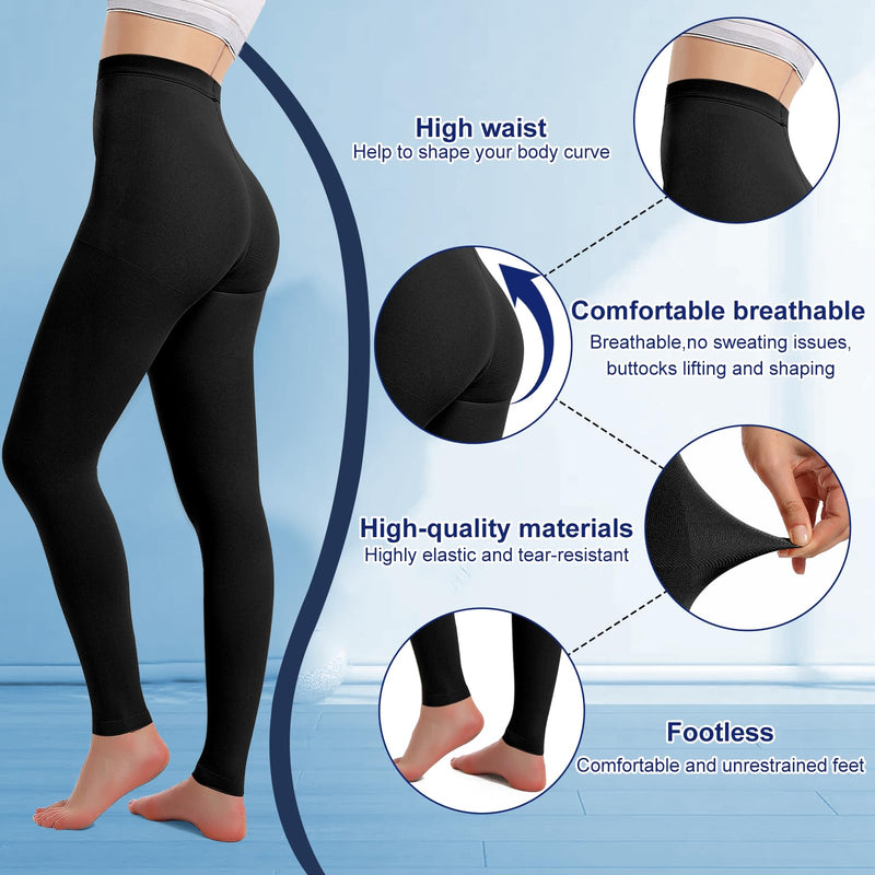 2 Pairs Medical Compression Pantyhose for Women & Men, 20-30mmHg Graduated Support Tights, Opaque Footless High Waist Large Black
