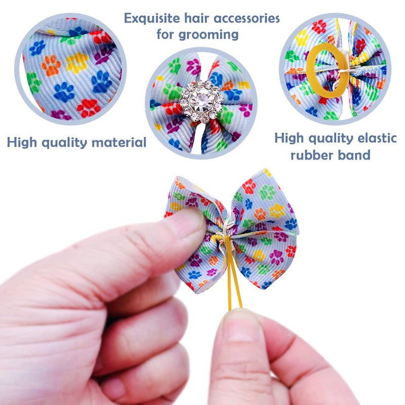 PET SHOW 50Pcs/25Pairs Paw Pattern Small Dog Hair Bows Bulk with Rubber Bands for Medium Dogs Cats Puppy Shih tzu Rhinestone Bowknot Topknot Yorkies Rabbits Girl Boy Pet Grooming Hair Accessories 50PCS with rubber bands - BeesActive Australia