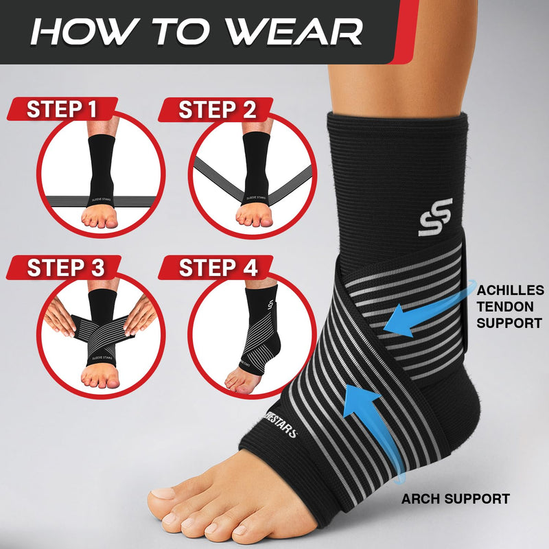 Sleeve Stars Ankle Brace for Women & Men, Ankle Wrap for Sprain, Compression Sleeve for Plantar Fasciitis Relief, Easy Customizable Support: w/ Removable Strap (Single/M:10"-12"/Black) Medium Black 1