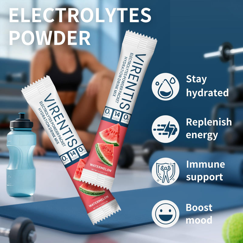 16 Sticks Electrolytes Powder Packets Sugar Free Hydration Packets Liquid Daily IV Electrolyte Drink Mix for Rehydration with 8 Electrolytes & 6 Vitamins, Low Sodium, Watermelon