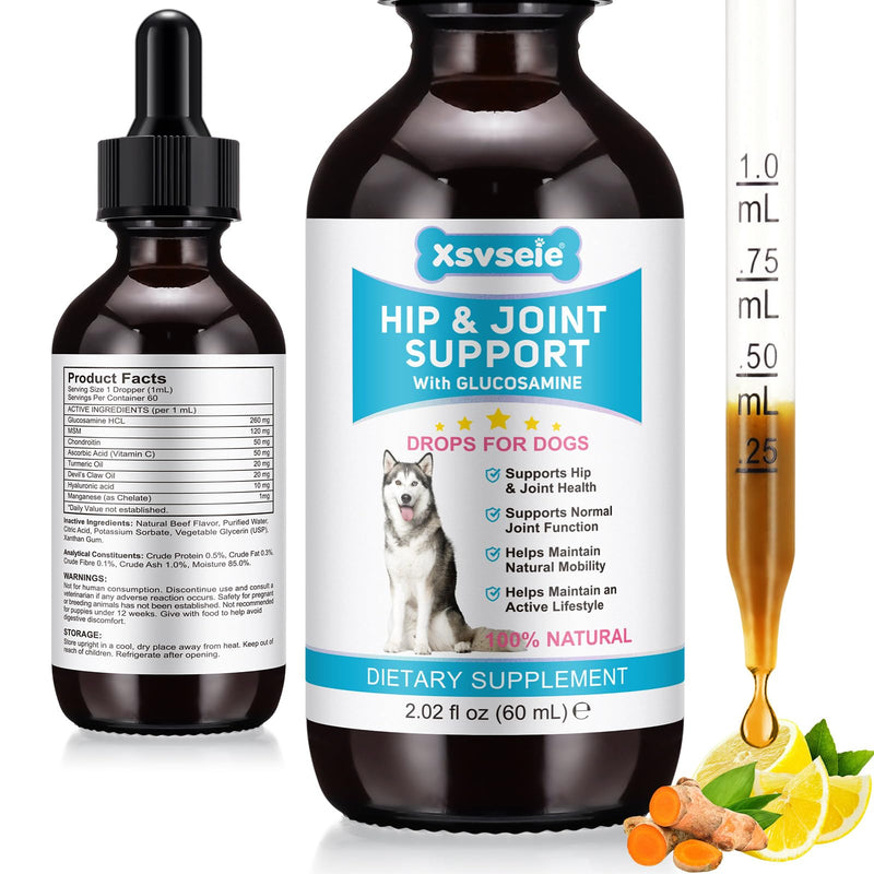 Joint Supplements for Dogs, Pain Relief for Dogs, Dog Joint Supplements for Senior Dogs, Chondroitin Drops for Dogs, Hip & Joint Glucosamine Drops for Dogs, Mobility Pain Relief, Natural Formula, 60ML