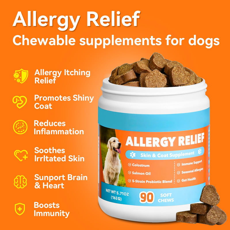 Dog Allergy Chews, Dogs Allergy Relief Chews for Paw Ears Eyes Itchy Skin Coat Supplement, Dog Itching Relief with Probiotics & Colostrum for All Breeds & Sizes Salmon 90 Count
