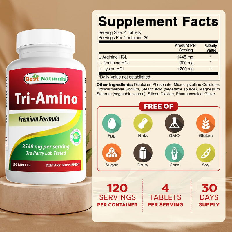 Best Naturals Tri-Amino with L-Arginine, L-Ornithine, L-Lysine 120 Tablets (New Improved Formula) 120 Count (Pack of 1)