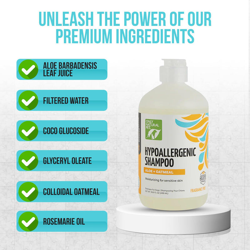 Only Natural Pet Hypoallergenic Shampoo with Aloe & Oatmeal for Dogs - Moisturizing Dog Shampoo and Ultra-Nourishing Care for Dry, Itchy, and Sensitive Skin - 16.9 oz - PawsPlanet Australia