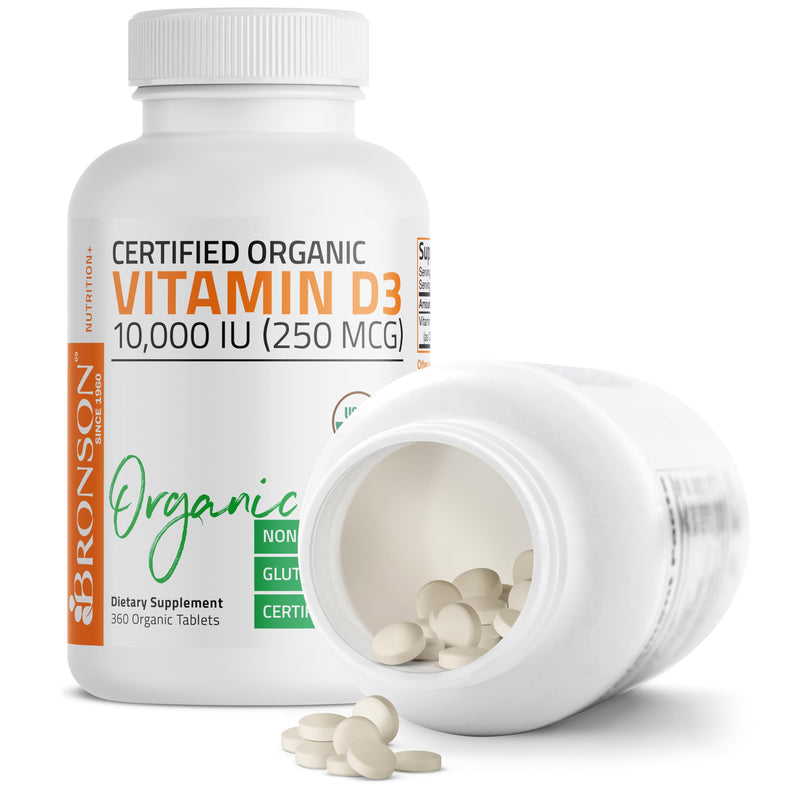 Bronson Vitamin D3 10,000 IU (250 mcg), USDA Certified Organic, 360 Tablets | Bone, Muscle, Immune & Nervous System Support, Non-GMO, Gluten-Free, Soy-Free, Wheat-Free & Nut-Free 360 Count (Pack of 1)
