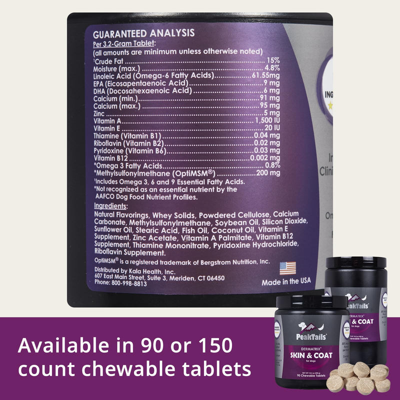 PeakTails Dermatrix, 150 Count Tablets for Dogs, Supports Healthy Skin, Shiny & Reduce Excessive Shedding, Contains MSM, Fish Oil & Omega 3 & 6 Essential Fatty Acids - PawsPlanet Australia