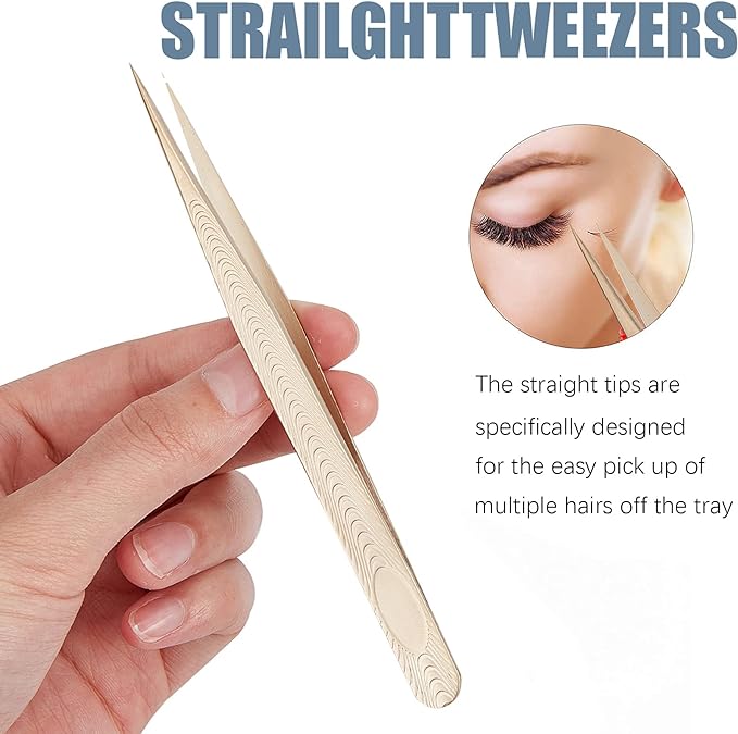 NICENEEDED 2pcs Eyelash Extension Tweezers Set in Case, Gold Volume Lashes & Straight Tweezers for Lash Extension - BeesActive Australia