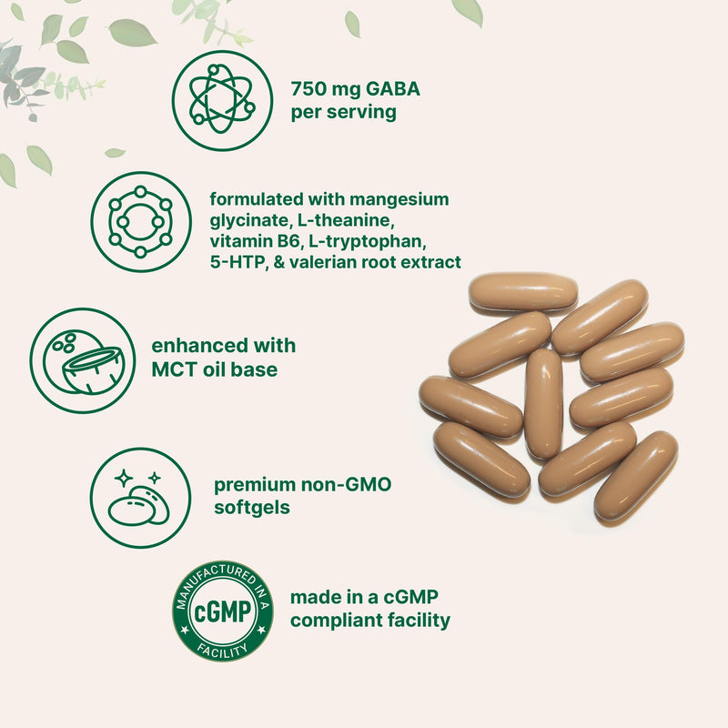 GABA 750mg Complex with Magnesium Glycinate, L-Theanine, Vitamin B6, 5-HTP | Infused with MCT Oil, 300 Softgels | Calm, Sleep & Relaxation Support* | Gamma Aminobutyric Acid with L-Tryptophan | Non-GMO