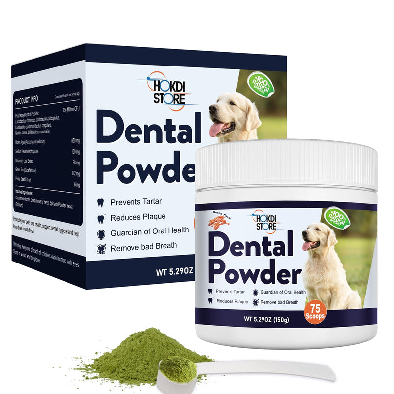 Dog Breath Freshener Dental Powder–Teeth Cleaning Powder for Dogs with Probiotics & Herbs–Plaque & Tartar Remover, Fresh Breath Remedy & Oral Care-Bacon Flavor-75 Scoops (Pack of 1)