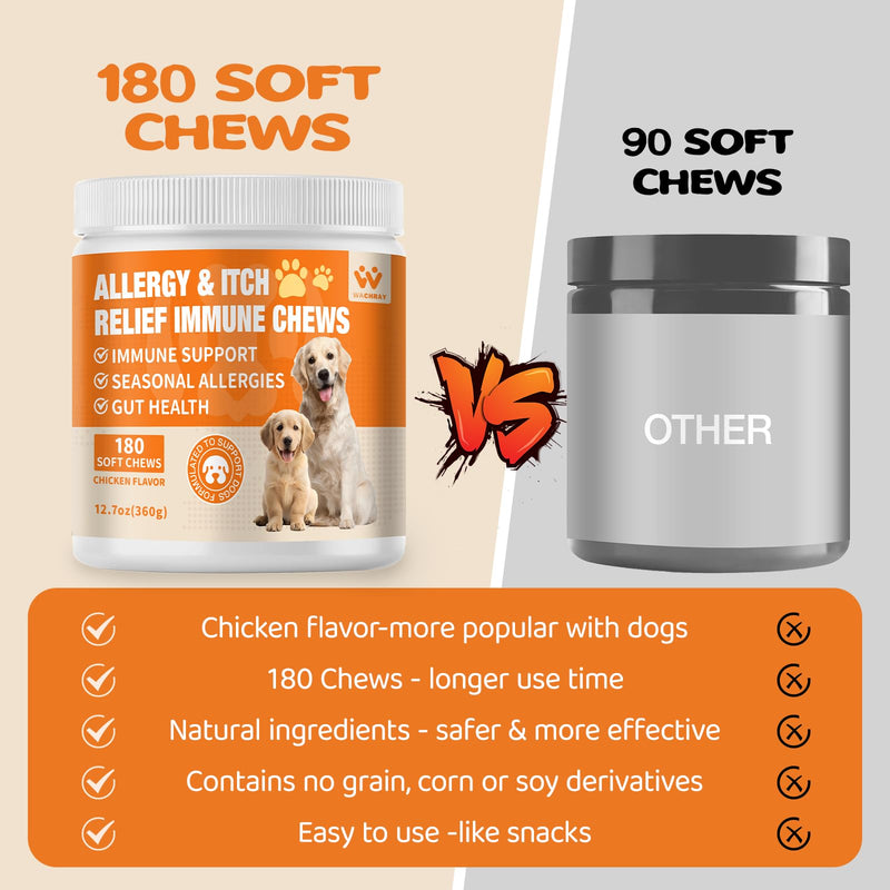 Dogs Allergy & Itch Relief Chews, Dog Probiotics for Itchy Skin and Itchy Ear, Dog Allergy Supplement for Paw Licking - 180 Treats Chicken