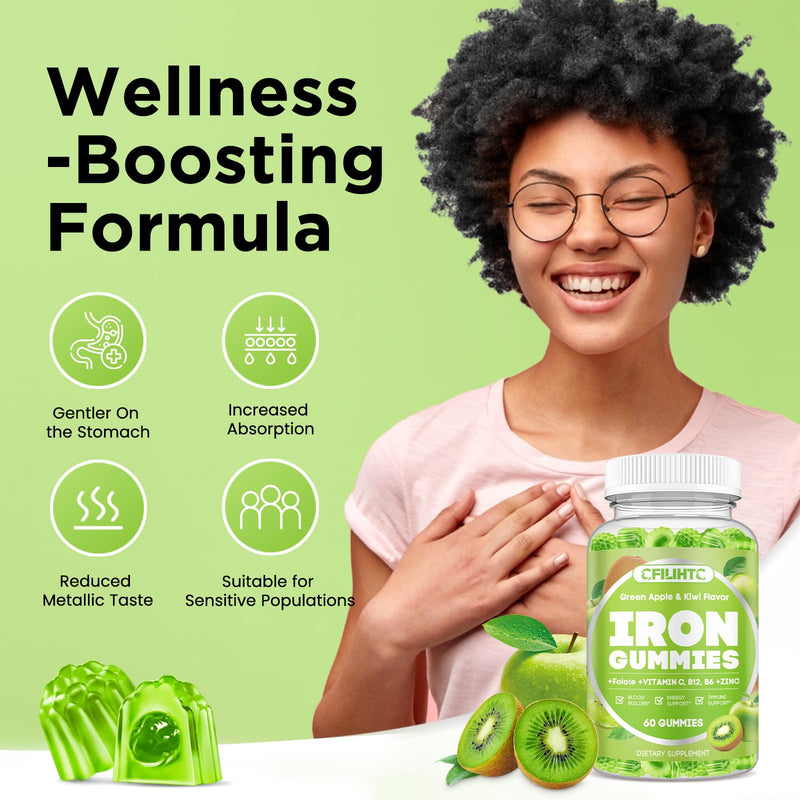 Center-Filled Iron Gummies for Adults & Kids - Iron Supplement with Vitamin B6, B12, C, Zinc, Folate - Support Women Iron Deficiency, Anemia, Blood Builder - Sugar Free Vegan 60ct Apple & Kiwi Flavor 60 Count (Pack of 1)