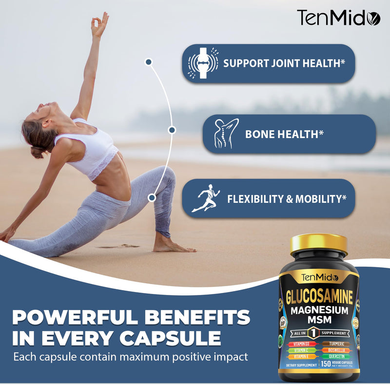 Glucosamine MSM Supplement for Men and Women - 11in1 Formula - Combine with Magnesium, Turmeric, Boswellia, Quercetin, Burdock Root, and More | Joint & Mobility Support - 150 Capsules